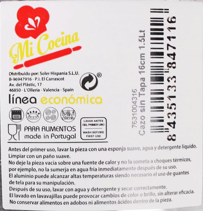 Mi Cocina Cazo Sin Tapa Aluminio 16 cm 1.5 Litros (12 Unidades)