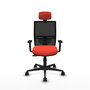 Silla de oficina Yunquera con mecanismo Sincro tapizada con Tela color Naranja oscuro y malla color Negro. Equipada con lumbar 1D, Brazos 1D, Cabecero 1D y Ruedas 65mm nailon