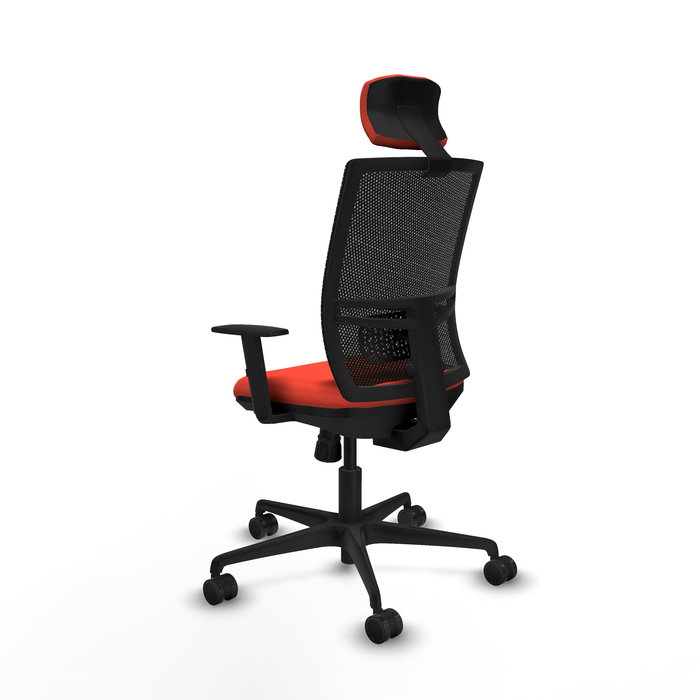 Silla de oficina Yunquera con mecanismo Sincro tapizada con Tela color Naranja oscuro y malla color Negro. Equipada con lumbar 1D, Brazos 1D, Cabecero 1D y Ruedas 65mm nailon