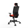 Silla de oficina Yunquera con mecanismo Sincro tapizada con Tela color Naranja oscuro y malla color Negro. Equipada con lumbar 1D, Brazos 1D, Cabecero 1D y Ruedas 65mm nailon