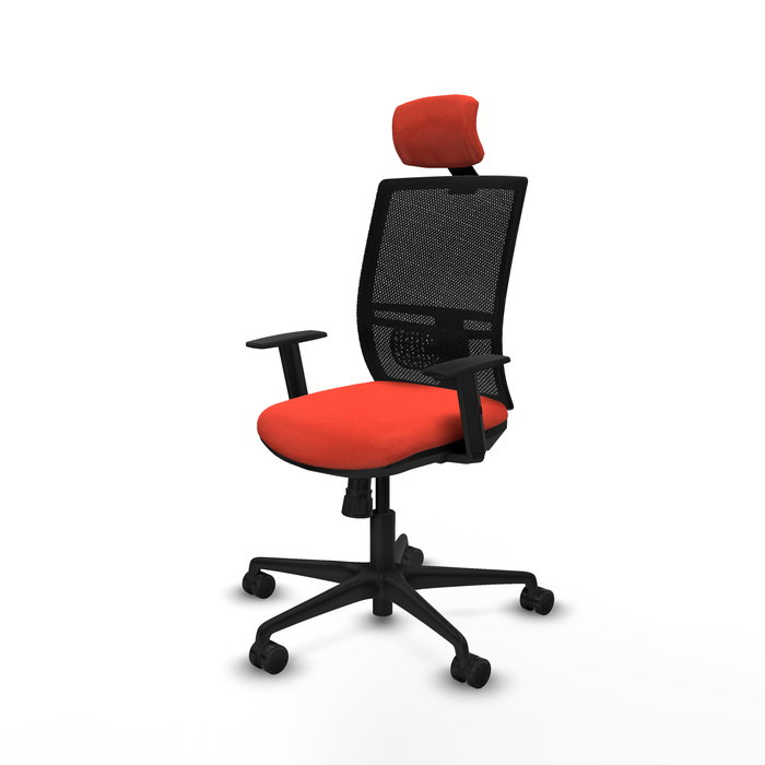 Silla de oficina Yunquera con mecanismo Sincro tapizada con Tela color Naranja oscuro y malla color Negro. Equipada con lumbar 1D, Brazos 1D, Cabecero 1D y Ruedas 65mm nailon