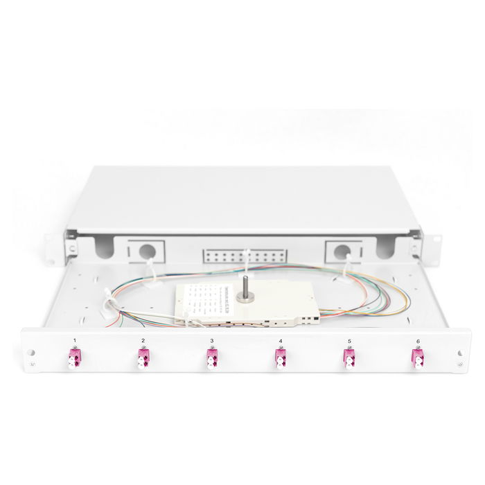 Digitus LWL Spleißbox 1HE bestückt 6x LC DX OM4 grau - Caja de empalme de fibra óptica 1U, Acero, Gris
