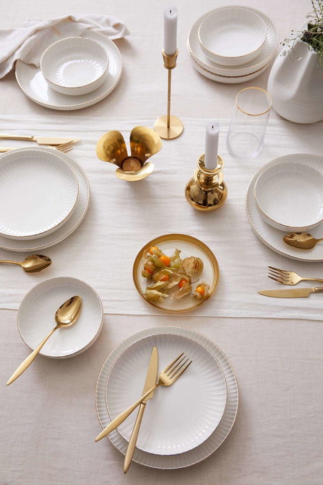 Hermia BNCRS18Y420 Juego de Cena de Porcelana de 18 Piezas con Acentos Dorados Hermia BNCRS18Y420 Juego de Cena de Porcelana de 18 Piezas con Acentos Dorados