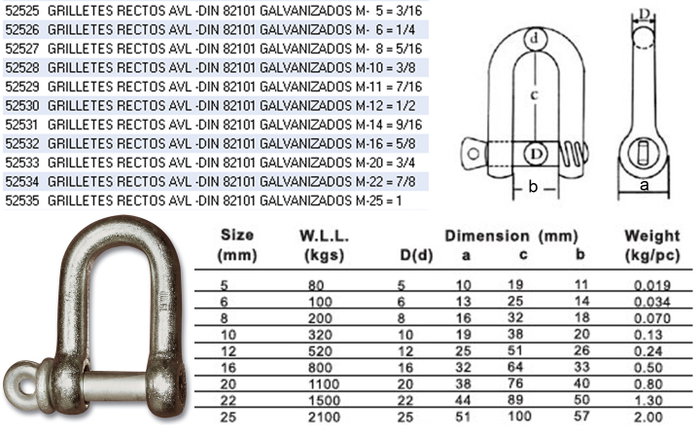 Grilletes rectos AVL DIN 82101 galvanizados M-5 = 3/16 (Caja de 25) Grilletes rectos AVL DIN 82101 galvanizados M-5 = 3/16 (Caja de 25)