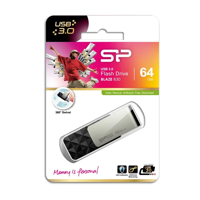 Silicon Power Blaze B30 - Unidad Flash USB 64GB, USB 3.2 Gen 1 (3.1 Gen 1), Color Negro, Sin Tapa