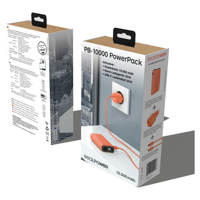 RealPower PB-10000 Power Bank Portátil de 10000 mAh Naranja - Carga Rápida 20 W, USB-C, Triple Puerto