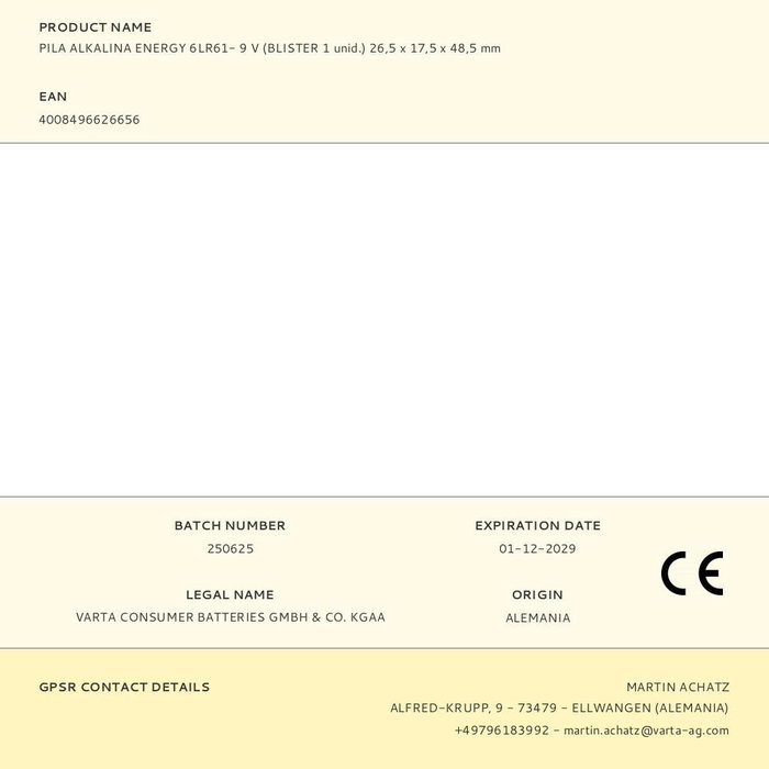 Varta Pila Alcalina Energy 6LR61 9V (Blister 1 Unidad) Tecnología Alcalina