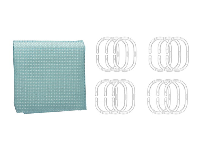 Berilo Cortina de Baño de Poliéster, Patrón de Puntos Verde y Azul, Medidas 180 x 180 cm (Set de 12)