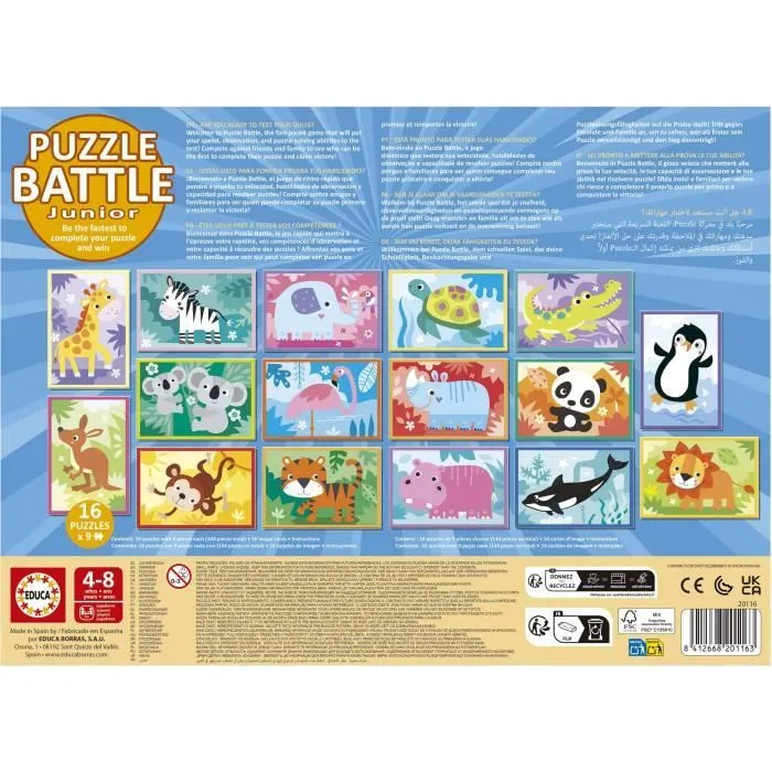 Educa Puzzle Battle Jr Animales EDU1747456973337 - 16 Puzzles de 9 Piezas Cada Uno - Para Niños a partir de 4 Años
