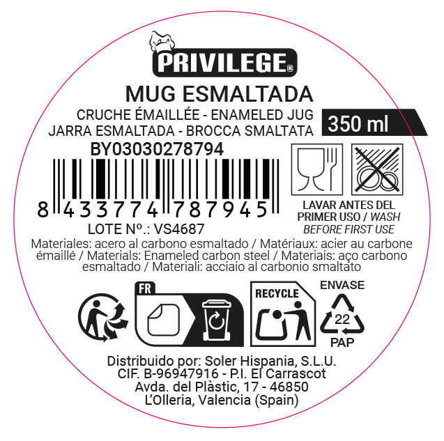Privilege Mug Esmaltada Blanca Car 350 ml (10.3 cm x 8.9 cm x 7.9 cm) (24 Unidades)