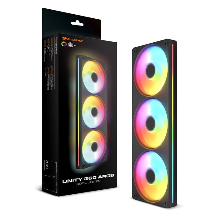 Cougar Unity360-FB Forward Ventilador 360mm/12cm Triple Pack ARGB PWM Negro - 3 Ventiladores de Carcasa con Iluminación LED, 700-2500 RPM, 78.2 CFM, Rodamiento FDB