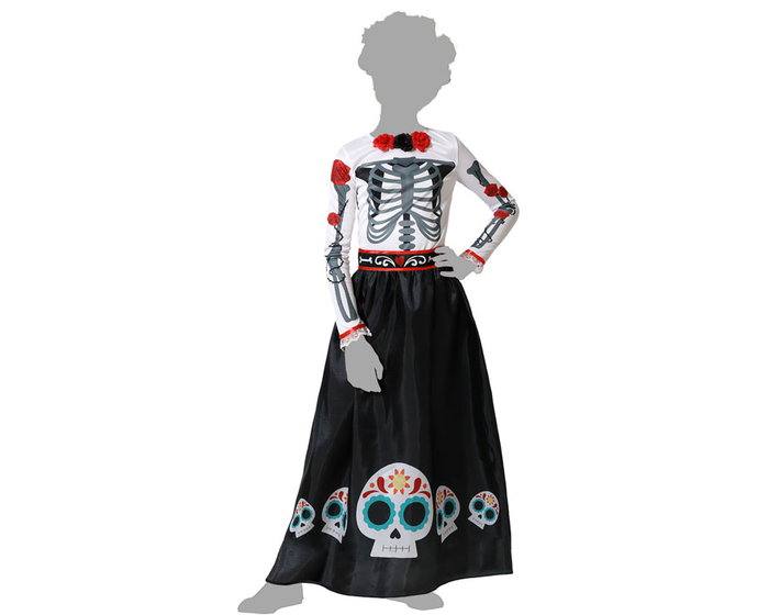 Halloween Disfraz de Catrina Esqueleto con Vestido y Rosas para Niña 5-6 Años - Traje Día de Muertos Infantil