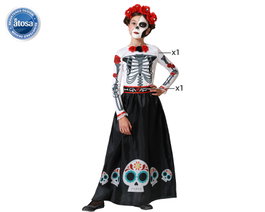Halloween Disfraz de Catrina Esqueleto con Vestido y Rosas para Niña 5-6 Años - Traje Día de Muertos Infantil