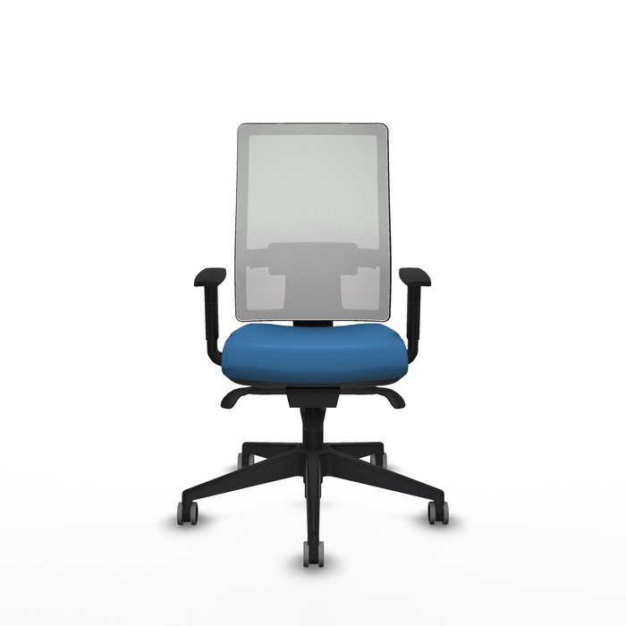 Silla de oficina Horna con mecanismo Sincro tapizada con Similpiel color Azul claro y malla color Blanco. Equipada con lumbar 1D, Brazos 1D y Ruedas 65 mm parqué