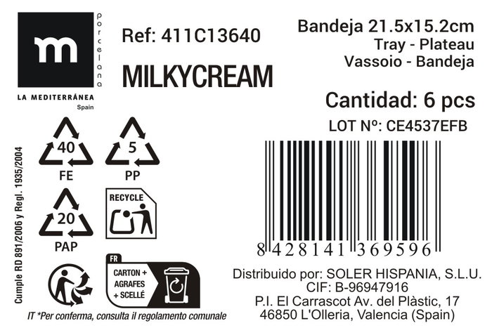 La Mediterranea Bandeja Aperitivo Milkycream MD 21.5x15.2cm