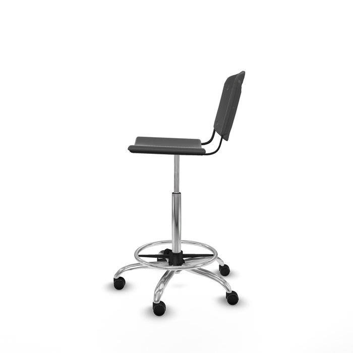 Taburete Robledo con mecanismo Giratorio de PVC color Gris oscuro. Equipado con Base cromada, Sin brazos y Ruedas de parqué