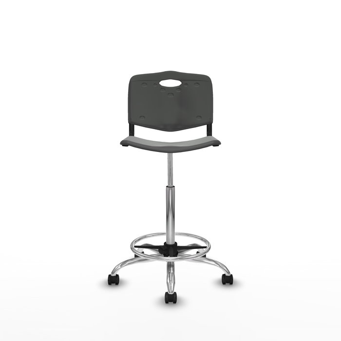 Taburete Robledo con mecanismo Giratorio de PVC color Gris oscuro. Equipado con Base cromada, Sin brazos y Ruedas de parqué