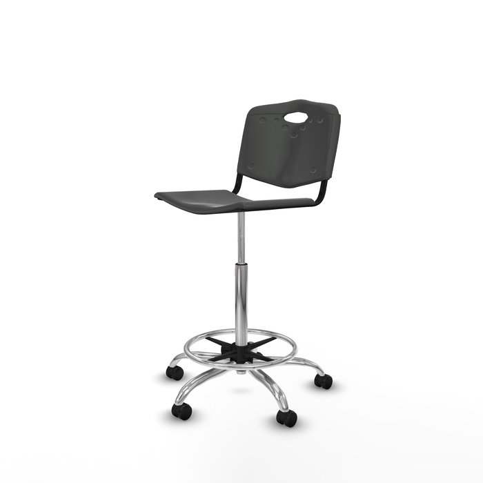 Taburete Robledo con mecanismo Giratorio de PVC color Gris oscuro. Equipado con Base cromada, Sin brazos y Ruedas de parqué