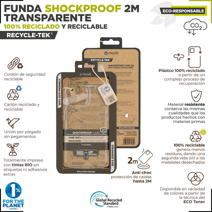 Muvit Funda Recycletek Shockproof Ecológica para Apple iPhone 15 - Antigolpes y Protectora, Fabricada con Material 100% Reciclado