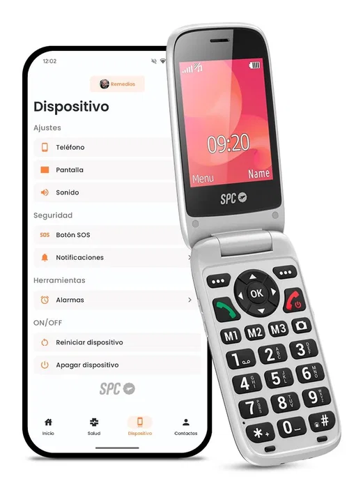 SPC Polaris - Teléfono móvil senior 4G con botón SOS, pantalla doble interior 2.8", app SPC Care de control remoto, compatible audífonos, negro, concha, base de carga incluida