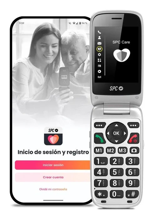 SPC Polaris - Teléfono móvil senior 4G con botón SOS, pantalla doble interior 2.8", app SPC Care de control remoto, compatible audífonos, negro, concha, base de carga incluida