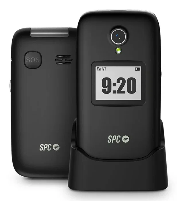 SPC Polaris - Teléfono móvil senior 4G con botón SOS, pantalla doble interior 2.8", app SPC Care de control remoto, compatible audífonos, negro, concha, base de carga incluida