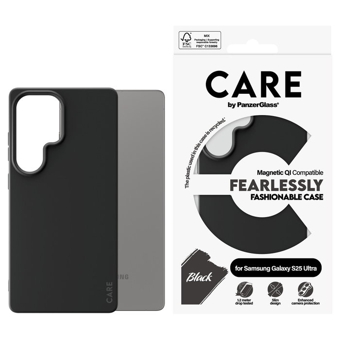 PanzerGlass CARE Fashionable Case Black w. QI Compatible Samsung Galaxy S25 Ultra, Funda de Silicona Negra PanzerGlass CARE Fashionable Case Black w. QI Compatible Samsung Galaxy S25 Ultra, Funda de Silicona Negra