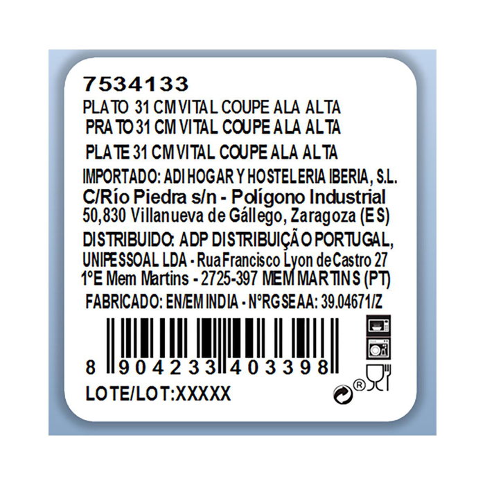 Plato Llano Porcelana Ala Elevada Vital Coupe Ariane 31 cm
