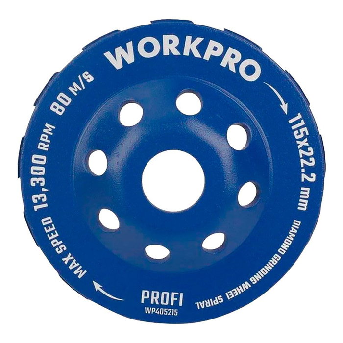 Workpro Muela Copa Diamantada Profi Ø115 x 22,2 mm para Hormigón y Piedra, 12 Dientes, Máx. 13.300 RPM