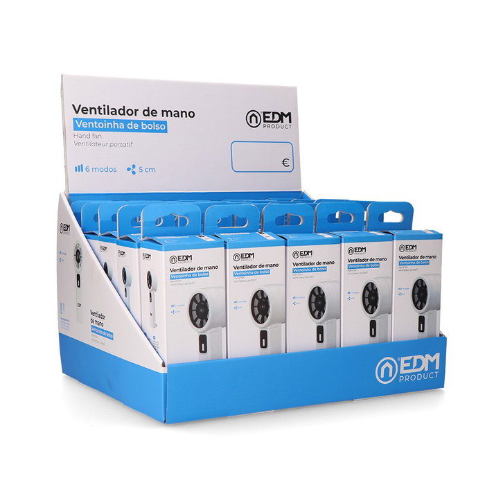 EDM Ventilador de Mano Digital Recargable, 6 Velocidades Regulables, Pantalla Digital, USB-C, Batería 1200 mAh, 7h Autonomía, con Gancho/Base Plegable, Aspa Ø5 cm, 6 x 2.9 x 18.5 cm