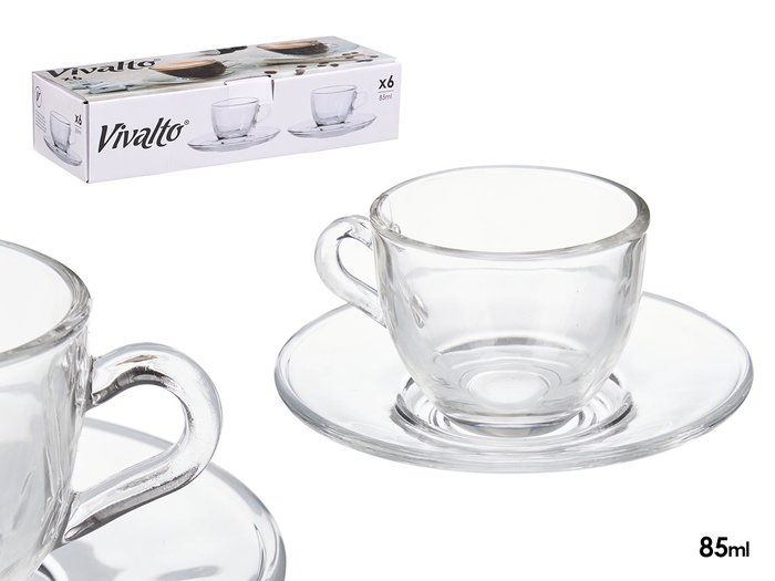 Vivalto Taza de Vidrio para Café 85 ml con Plato Transparente 11x5.5x11 cm (Set de 24)