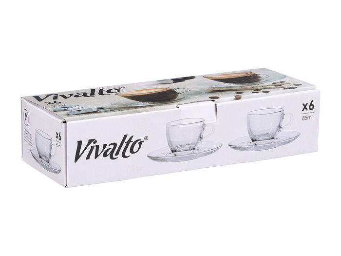 Vivalto Taza de Vidrio para Café 85 ml con Plato Transparente 11x5.5x11 cm (Set de 24)