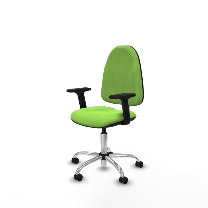 Silla de oficina Algarra con mecanismo Contacto permanente básico tapizada con Tela color Pistacho. Equipada con Base cromada, Brazos 2D y Ruedas autofrenantes