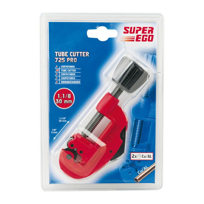 Super Ego Cortatubos 725 pro 3 - 30 mm, Mango Ergonómico con Cuchilla de Repuesto, Ajuste Rápido, Fontanería Calefacción Aire Acondicionado