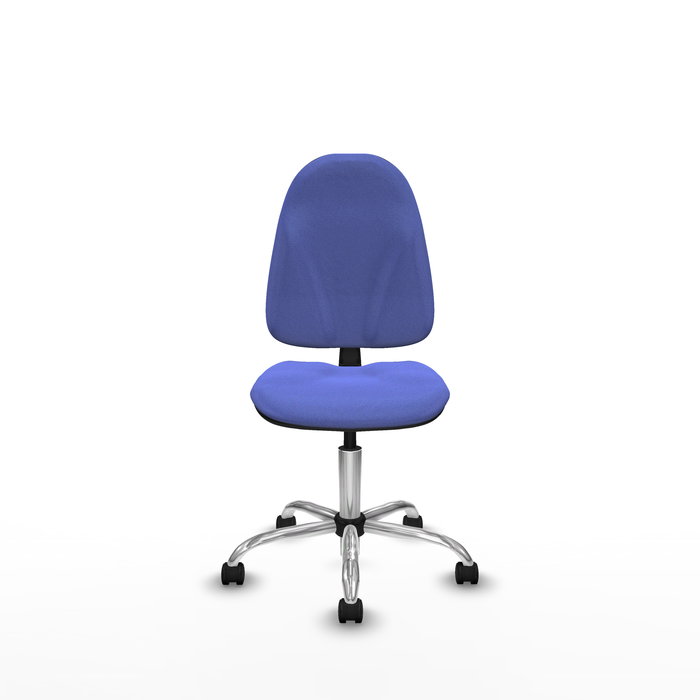 Silla de oficina Algarra con mecanismo Contacto permanente básico tapizada con Tela color Azul claro. Equipada con Base cromada, Sin brazos y Ruedas de nailon 50 mm