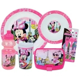 Fun House Set de Vajilla Disney Minnie 006377 Vidrio, Plato Hondo, Plato Llano, Botella, Caja para Merienda y Cubiertos
