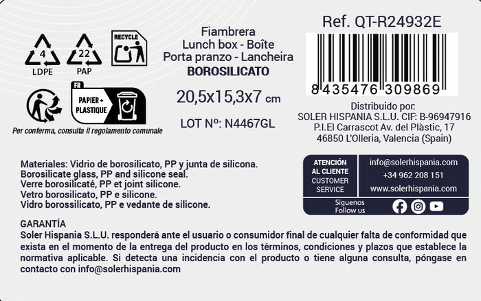 Inde Fiambrera Rectangular Hermética 20.5 x 15.3 cm 1L con Escurridor (6 Unidades)