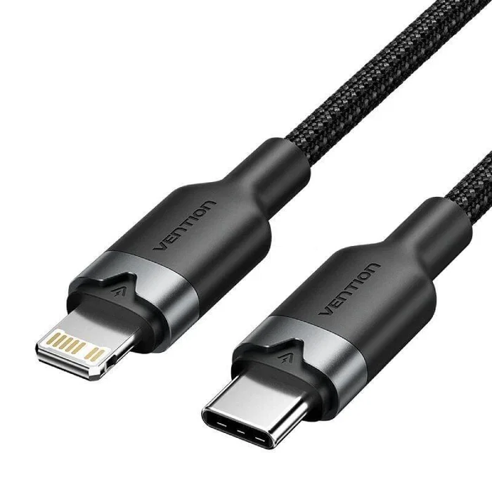 Vention LALBH Cable USB-C a Lightning Macho 2m Negro, 27W, Carga Rápida y Datos 480Mbps, Aluminio Trenzado