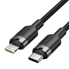 Vention LALBH Cable USB-C a Lightning Macho 2m Negro, 27W, Carga Rápida y Datos 480Mbps, Aluminio Trenzado