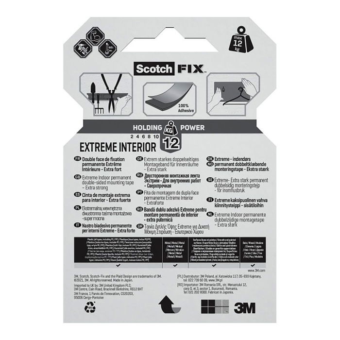 Scotch Cinta de Montaje Extreme Doble Cara para Interiores Máx 12 kg 19mmx1,8m