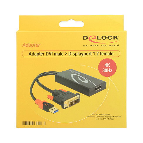 DeLOCK Adaptador DVI-D a DisplayPort 1.2 con USB, Macho a Hembra, 0.3m, Negro, Resolución 4K 3840 x 2160 Pixeles