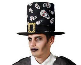 Sombrero De Copa Negro Con Calaveras Halloween 33 cm Accesorio Disfraz Catrín Esqueleto Carnaval