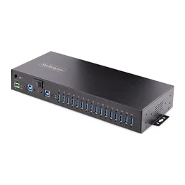 StarTech.com Hub USB 3.0 16 Puertos Industrial - Metal - Montaje Rack/Superficie/DIN - Carga 120W - ESD - Bloque Terminales - Switch 2 Hosts - Negro