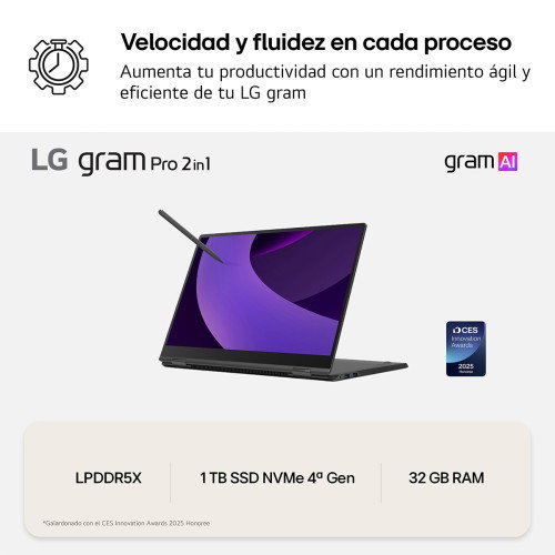 LG Portátil Convertible 16" gram Pro 16T90TP-K.AD88B - Intel Core Ultra 7, 32GB RAM, 1TB SSD, Pantalla Táctil OLED 3K, Windows 11 Home