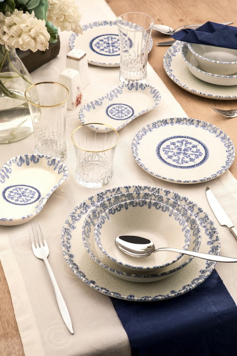 Hermia N25003 Vajilla de Porcelana 27 Piezas Azul y Blanco Apta para Lavavajillas y Microondas Elegante Duradera