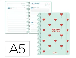 Liderpapel Petite Agenda Escolar 2026-2027 Espiral Día Página A5 Bilingüe, Papel FSC 80g, con Pegatinas, Color Verde