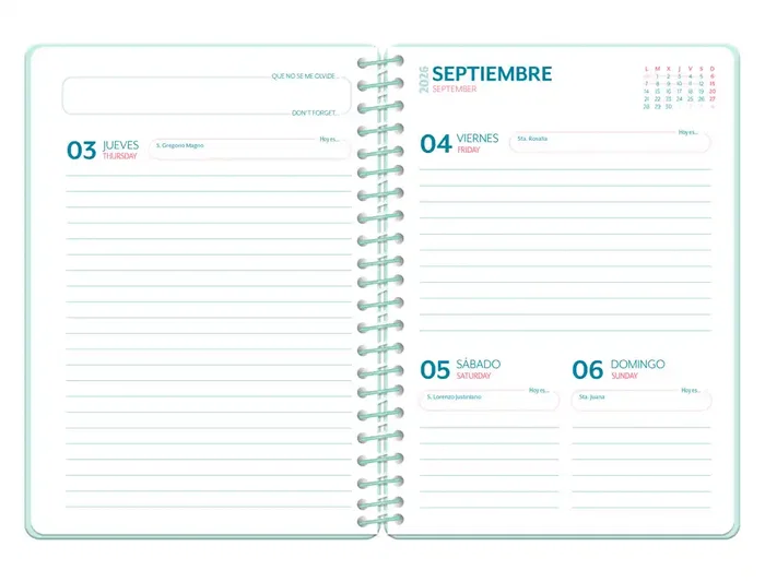 Liderpapel Petite Agenda Escolar 2026-2027 Espiral Día Página A5 Bilingüe, Papel FSC 80g, con Pegatinas, Color Verde