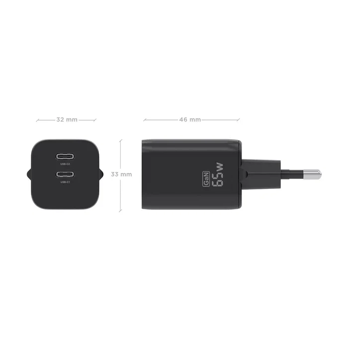 Aisens Cargador GaN 65W con 2xUSB-C A110-1030 Negro
