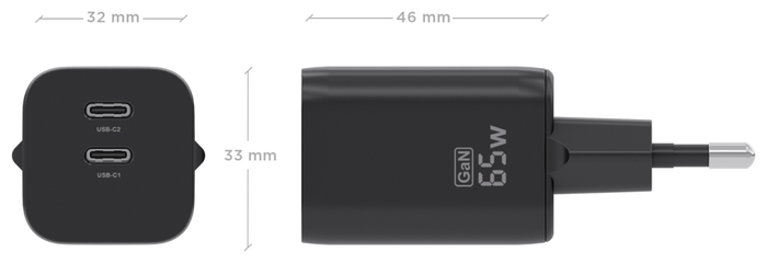 Aisens Cargador GaN 65W con 2xUSB-C A110-1030 Negro