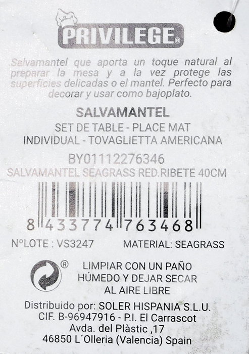Privilege Salvamanteles Seagrass con Ribete, 40 cm (36 Unidades)